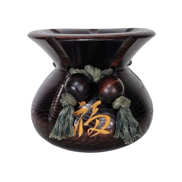 Vintage Blessing Bag Vase Solid Wood Alter Incense Offering Bowl Pot Cauldron - Picture 1 of 8
